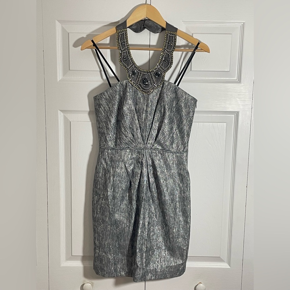 Laundry Metallic Silver Beaded Neck Cocktail Dress – NWT – Size 4